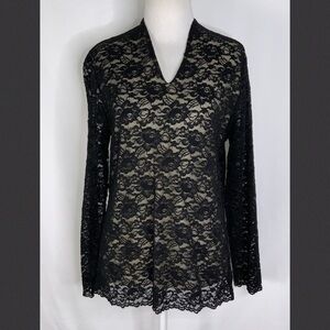 Dialogue Long Sleeve Black Lace Overlay V Neck Stretchy Anywhere Top Medium
